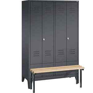 C+P CLASSIC Garderobenschrank mit vorgebauter Sitzbank, zueinander schlagende Türen, 4 Abteile, Abteilbreite 300 mm, schwarzgrau
