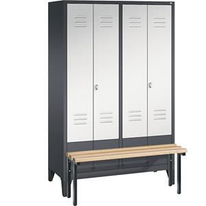C+P CLASSIC Garderobenschrank mit vorgebauter Sitzbank, zueinander schlagende Türen, 4 Abteile, Abteilbreite 300 mm, schwarzgrau / lichtgrau