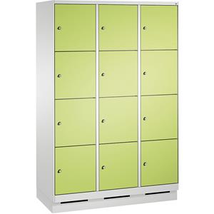 C+P EVOLO Fächerschrank, mit Sockel, 3 Abteile, je 4 Fächer, Abteilbreite 400 mm, lichtgrau / viridingrün
