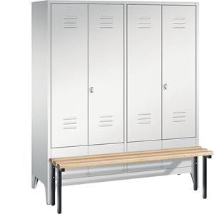 C+P CLASSIC Garderobenschrank mit vorgebauter Sitzbank, zueinander schlagende Türen, 4 Abteile, Abteilbreite 400 mm, lichtgrau