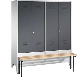 C+P CLASSIC Garderobenschrank mit vorgebauter Sitzbank, zueinander schlagende Türen, 4 Abteile, Abteilbreite 400 mm, lichtgrau / schwarzgrau