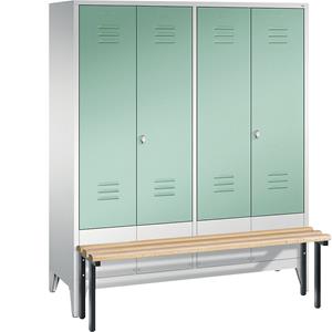 C+P CLASSIC Garderobenschrank mit vorgebauter Sitzbank, zueinander schlagende Türen, 4 Abteile, Abteilbreite 400 mm, lichtgrau / lichtgrün