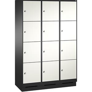 C+P EVOLO Fächerschrank, mit Sockel, 3 Abteile, je 4 Fächer, Abteilbreite 400 mm, schwarzgrau / verkehrsweiß