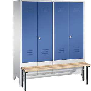 C+P CLASSIC Garderobenschrank mit vorgebauter Sitzbank, zueinander schlagende Türen, 4 Abteile, Abteilbreite 400 mm, lichtgrau / enzianblau