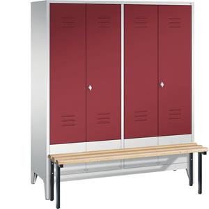 C+P CLASSIC Garderobenschrank mit vorgebauter Sitzbank, zueinander schlagende Türen, 4 Abteile, Abteilbreite 400 mm, lichtgrau / rubinrot