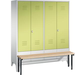 C+P CLASSIC Garderobenschrank mit vorgebauter Sitzbank, zueinander schlagende Türen, 4 Abteile, Abteilbreite 400 mm, lichtgrau / viridingrün