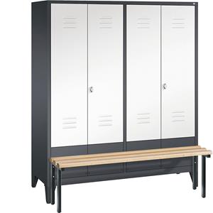 C+P CLASSIC Garderobenschrank mit vorgebauter Sitzbank, zueinander schlagende Türen, 4 Abteile, Abteilbreite 400 mm, schwarzgrau / verkehrsweiß