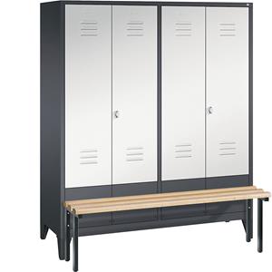C+P CLASSIC Garderobenschrank mit vorgebauter Sitzbank, zueinander schlagende Türen, 4 Abteile, Abteilbreite 400 mm, schwarzgrau / lichtgrau