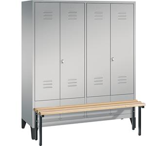 C+P CLASSIC Garderobenschrank mit vorgebauter Sitzbank, zueinander schlagende Türen, 4 Abteile, Abteilbreite 400 mm, weißaluminium