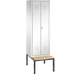 C+P CLASSIC Garderobenschrank mit untergebauter Sitzbank, zueinander schlagende Türen, 2 Abteile, Abteilbreite 300 mm, verkehrsweiß