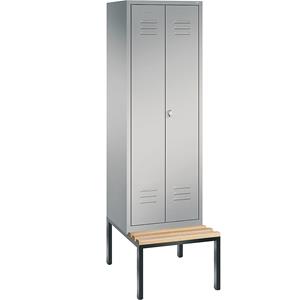 C+P CLASSIC Garderobenschrank mit untergebauter Sitzbank, zueinander schlagende Türen, 2 Abteile, Abteilbreite 300 mm, weißaluminium