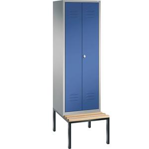 C+P CLASSIC Garderobenschrank mit untergebauter Sitzbank, zueinander schlagende Türen, 2 Abteile, Abteilbreite 300 mm, weißaluminium / enzianblau