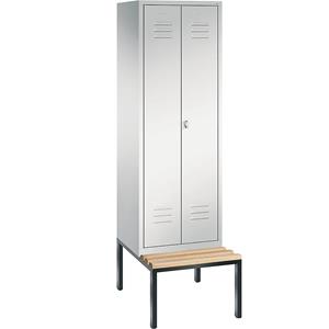 C+P CLASSIC Garderobenschrank mit untergebauter Sitzbank, zueinander schlagende Türen, 2 Abteile, Abteilbreite 300 mm, lichtgrau