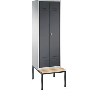 C+P CLASSIC Garderobenschrank mit untergebauter Sitzbank, zueinander schlagende Türen, 2 Abteile, Abteilbreite 300 mm, lichtgrau / schwarzgrau