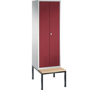 C+P CLASSIC Garderobenschrank mit untergebauter Sitzbank, zueinander schlagende Türen, 2 Abteile, Abteilbreite 300 mm, lichtgrau / rubinrot