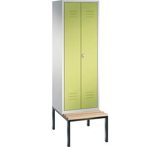 C+P CLASSIC Garderobenschrank mit untergebauter Sitzbank, zueinander schlagende Türen, 2 Abteile, Abteilbreite 300 mm, lichtgrau / viridingrün