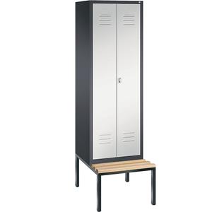 C+P CLASSIC Garderobenschrank mit untergebauter Sitzbank, zueinander schlagende Türen, 2 Abteile, Abteilbreite 300 mm, schwarzgrau / lichtgrau