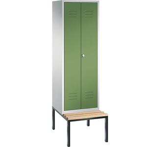 C+P CLASSIC Garderobenschrank mit untergebauter Sitzbank, zueinander schlagende Türen, 2 Abteile, Abteilbreite 300 mm, lichtgrau / resedagrün