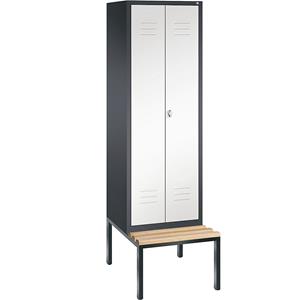 C+P CLASSIC Garderobenschrank mit untergebauter Sitzbank, zueinander schlagende Türen, 2 Abteile, Abteilbreite 300 mm, schwarzgrau / verkehrsweiß