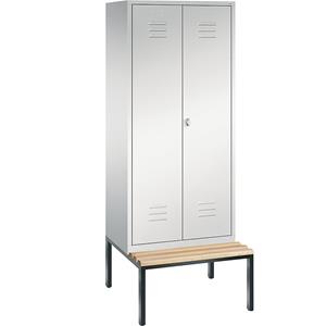C+P CLASSIC Garderobenschrank mit untergebauter Sitzbank, zueinander schlagende Türen, 2 Abteile, Abteilbreite 400 mm, lichtgrau