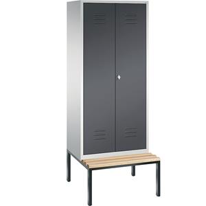 C+P CLASSIC Garderobenschrank mit untergebauter Sitzbank, zueinander schlagende Türen, 2 Abteile, Abteilbreite 400 mm, lichtgrau / schwarzgrau