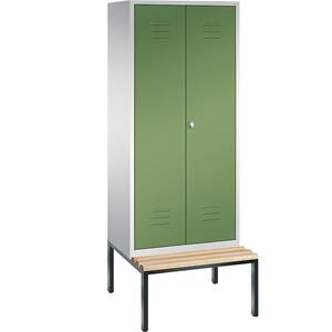 C+P CLASSIC Garderobenschrank mit untergebauter Sitzbank, zueinander schlagende Türen, 2 Abteile, Abteilbreite 400 mm, lichtgrau / resedagrün
