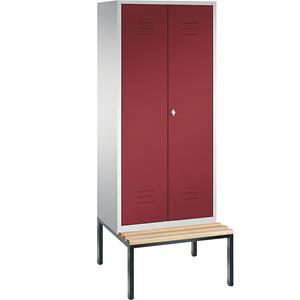 C+P CLASSIC Garderobenschrank mit untergebauter Sitzbank, zueinander schlagende Türen, 2 Abteile, Abteilbreite 400 mm, lichtgrau / rubinrot