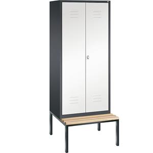C+P CLASSIC Garderobenschrank mit untergebauter Sitzbank, zueinander schlagende Türen, 2 Abteile, Abteilbreite 400 mm, schwarzgrau / verkehrsweiß