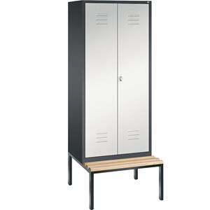 C+P CLASSIC Garderobenschrank mit untergebauter Sitzbank, zueinander schlagende Türen, 2 Abteile, Abteilbreite 400 mm, schwarzgrau / lichtgrau