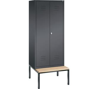 C+P CLASSIC Garderobenschrank mit untergebauter Sitzbank, zueinander schlagende Türen, 2 Abteile, Abteilbreite 400 mm, schwarzgrau