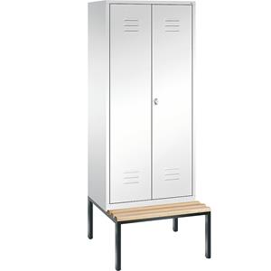 C+P CLASSIC Garderobenschrank mit untergebauter Sitzbank, zueinander schlagende Türen, 2 Abteile, Abteilbreite 400 mm, verkehrsweiß
