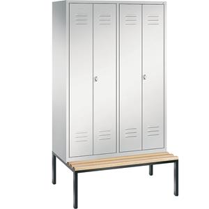 C+P CLASSIC Garderobenschrank mit untergebauter Sitzbank, zueinander schlagende Türen, 4 Abteile, Abteilbreite 300 mm, lichtgrau