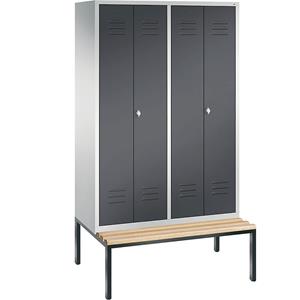 C+P CLASSIC Garderobenschrank mit untergebauter Sitzbank, zueinander schlagende Türen, 4 Abteile, Abteilbreite 300 mm, lichtgrau / schwarzgrau