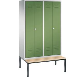 C+P CLASSIC Garderobenschrank mit untergebauter Sitzbank, zueinander schlagende Türen, 4 Abteile, Abteilbreite 300 mm, lichtgrau / resedagrün