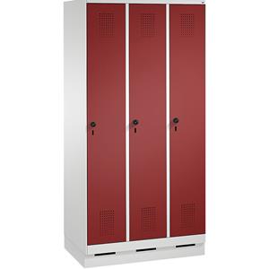 C+P EVOLO Garderobenschrank, mit Sockel, 3 Abteile, Abteilbreite 300 mm, lichtgrau / rubinrot