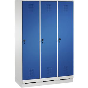 C+P EVOLO Garderobenschrank, mit Sockel, 3 Abteile, Abteilbreite 400 mm, lichtgrau / enzianblau