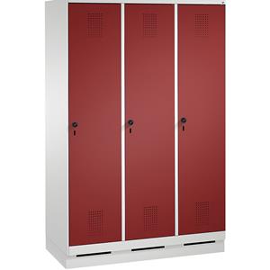 C+P EVOLO Garderobenschrank, mit Sockel, 3 Abteile, Abteilbreite 400 mm, lichtgrau / rubinrot