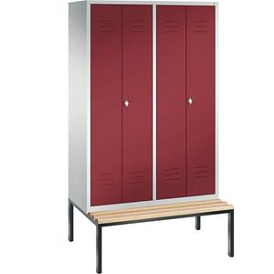 C+P CLASSIC Garderobenschrank mit untergebauter Sitzbank, zueinander schlagende Türen, 4 Abteile, Abteilbreite 300 mm, lichtgrau / rubinrot