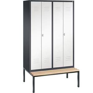 C+P CLASSIC Garderobenschrank mit untergebauter Sitzbank, zueinander schlagende Türen, 4 Abteile, Abteilbreite 300 mm, schwarzgrau / verkehrsweiß