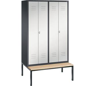 C+P CLASSIC Garderobenschrank mit untergebauter Sitzbank, zueinander schlagende Türen, 4 Abteile, Abteilbreite 300 mm, schwarzgrau / lichtgrau
