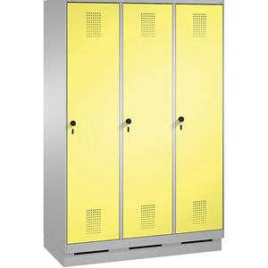 C+P EVOLO Garderobenschrank, mit Sockel, 3 Abteile, Abteilbreite 400 mm, weißaluminium / schwefelgelb
