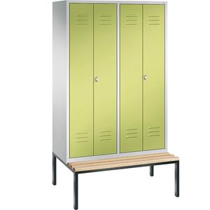 C+P CLASSIC Garderobenschrank mit untergebauter Sitzbank, zueinander schlagende Türen, 4 Abteile, Abteilbreite 300 mm, lichtgrau / viridingrün