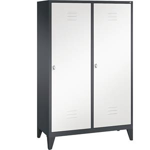 C+P CLASSIC Garderobenschrank mit Füßen, Tür über 2 Abteile, 4 Abteile, Abteilbreite 300 mm, schwarzgrau / verkehrsweiß