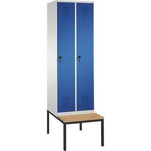 C+P EVOLO Garderobenschrank, mit Sitzbank, 2 Abteile, Abteilbreite 300 mm, lichtgrau / enzianblau