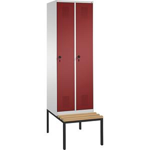 C+P EVOLO Garderobenschrank, mit Sitzbank, 2 Abteile, Abteilbreite 300 mm, lichtgrau / rubinrot
