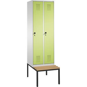 C+P EVOLO Garderobenschrank, mit Sitzbank, 2 Abteile, Abteilbreite 300 mm, lichtgrau / viridingrün