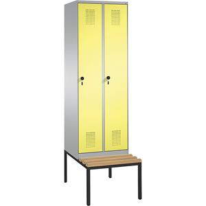 C+P EVOLO Garderobenschrank, mit Sitzbank, 2 Abteile, Abteilbreite 300 mm, weißaluminium / schwefelgelb