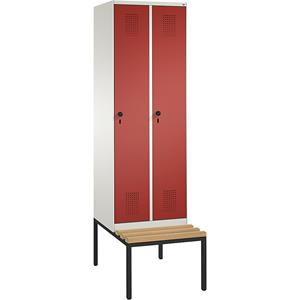C+P EVOLO Garderobenschrank, mit Sitzbank, 2 Abteile, Abteilbreite 300 mm, reinweiß / feuerrot