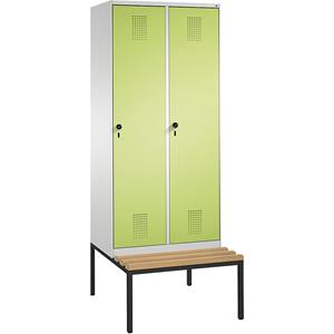 C+P EVOLO Garderobenschrank, mit Sitzbank, 2 Abteile, Abteilbreite 400 mm, lichtgrau / viridingrün