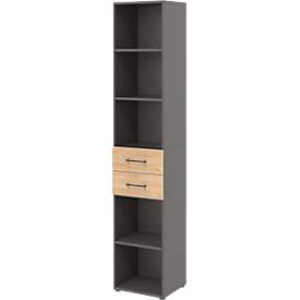 Home Office combinatie schappenkast TEMPIO, van hout, 2 laden, 6 OH, B 400 x D 330 x H 2130 mm, antraciet/ eiken hickory